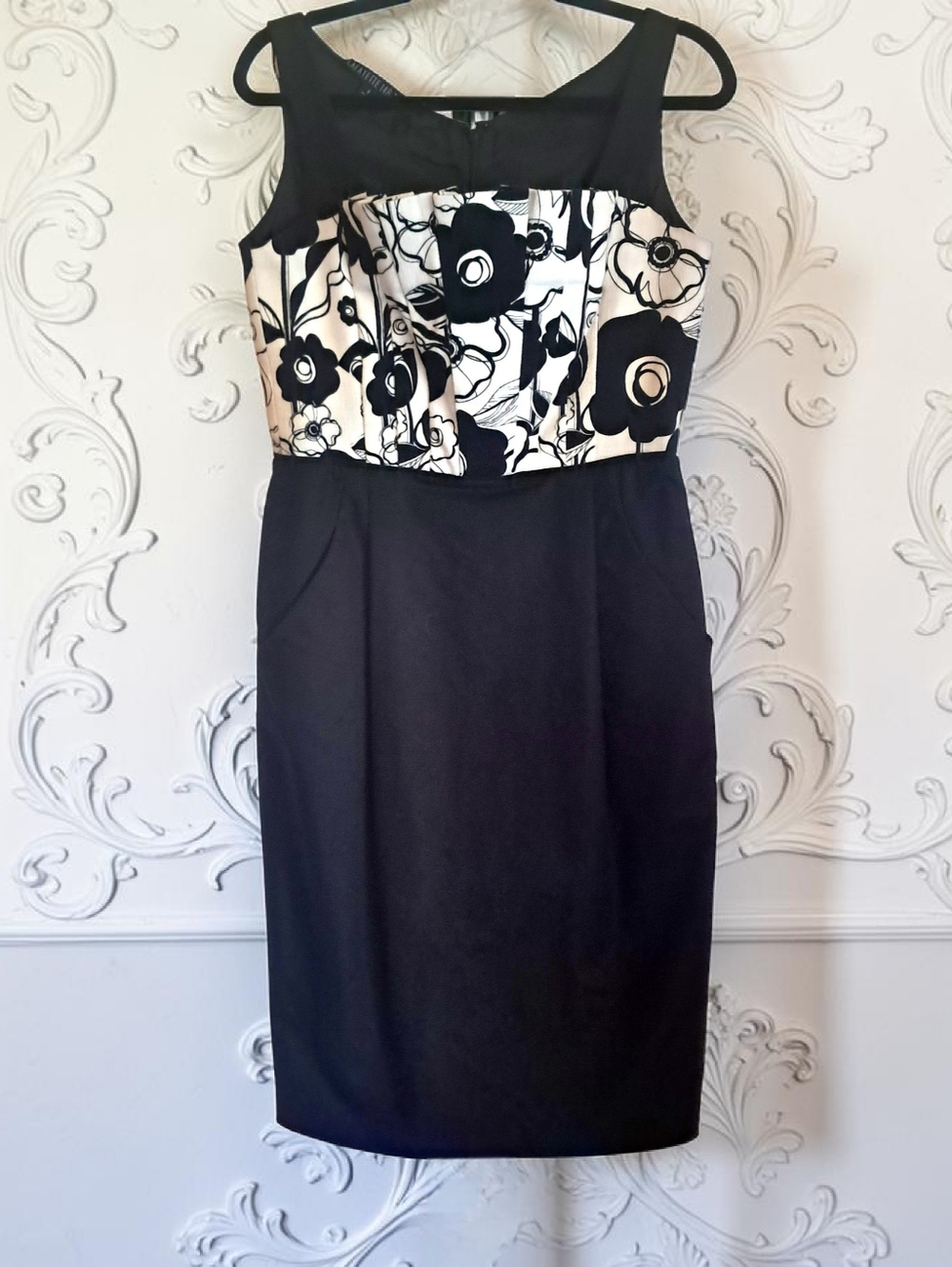 Lafayette 148 New York Black/White Botanical Print Scalloped Bodice Dress Sz 4
